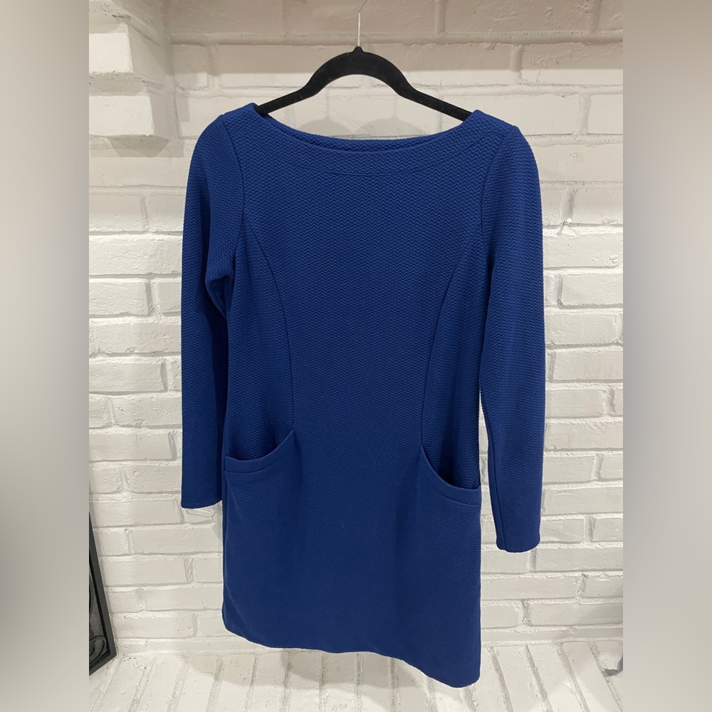 Boden Ingrid Jaquard Shift Dress Blue Depths pockets round neckline Size 2 Petit